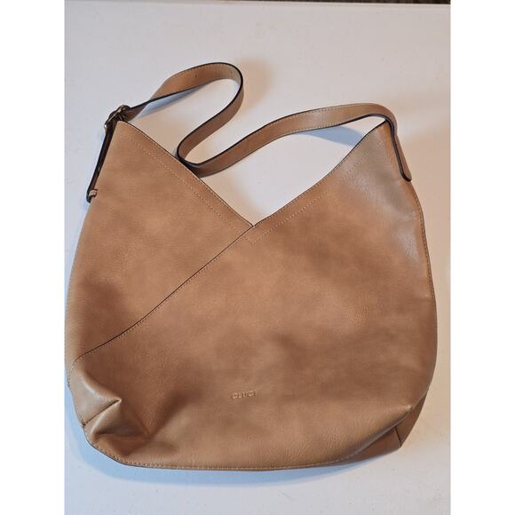CLUCl Hobo Bag Vegan Leather V Design Designer Tote Tan Color EUC - Picture 1 of 8